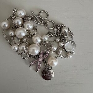 Chico's Silver Tone Pearl Charm Bracelet Pink Ribbon Crystal Toggle Clasp 2012